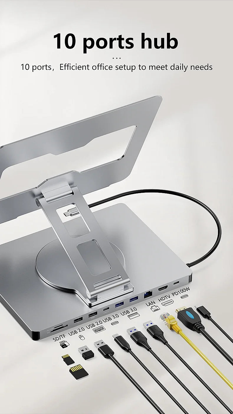 Laptop Stand for MacBook Pro Air Dell HP Surface 360° Rotatable Foldable with USB Hub Card Reader RJ45 Universal Bracket Holder exovai.com
