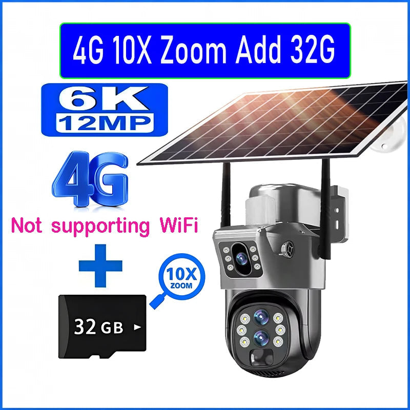 10X Optical Zoom 4G SIM Solar Camera 6K 12MP Three Lens WiFi Outdoor Surveillance Camera PIR Auto Tracking Solar Security CCTV exovai.com