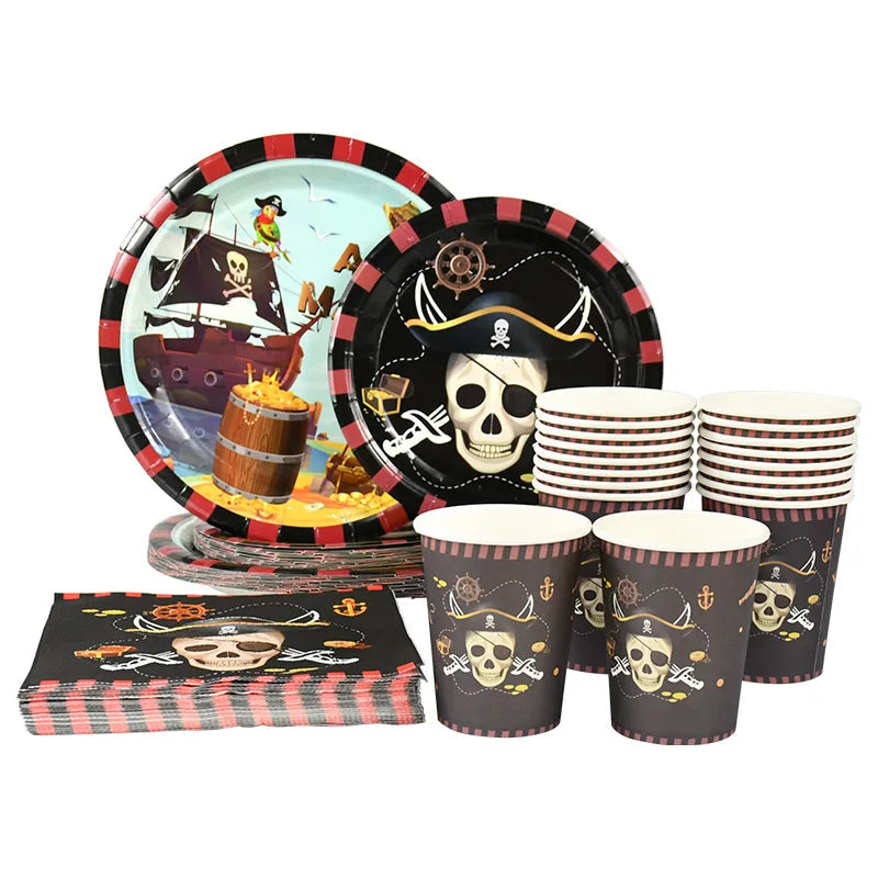 Pirate Theme Party Disposable Tableware Paper Plates Cups Napkins Kids Boy Birthday Party Decorations Halloween Supplies exovai.com