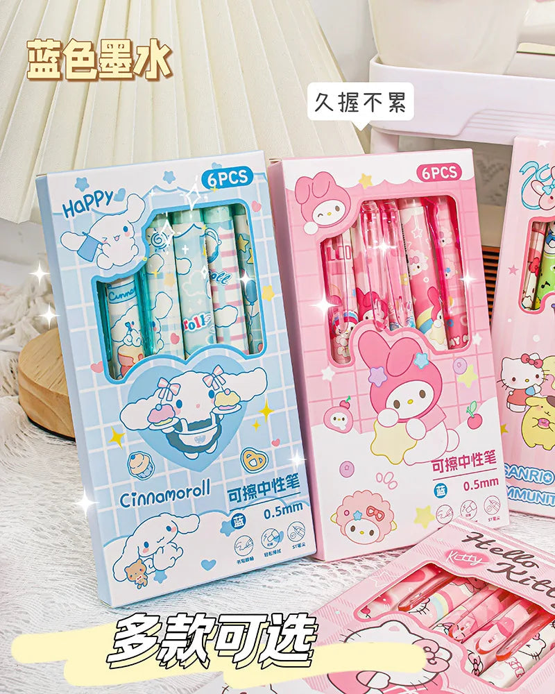 6pcs Kawaii Children Gel Pen Hello Kitty Cartoon Kuromi ST Erasable Black 0.5mm Press The Ballpoint Pen Learning Stationery Gift exovai.com