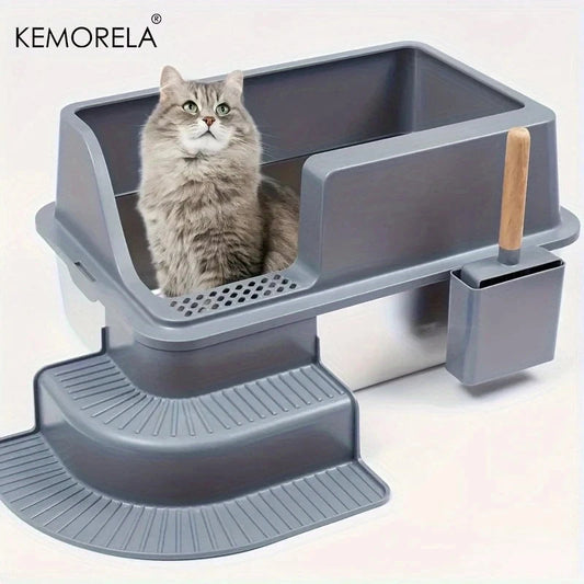 Extra Large 20L Stainless Steel Cat Litter Box With Stair Foot Pad Splash-Proof Easy To Clean Odorless Toilet Cat Litter Box exovai.com