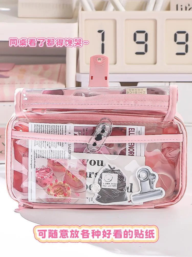 New Pencil Bag Kawaii Student Translucent Stationery Box DIY Large Capacity Stationery Storage Bag School Stationery Supplies exovai.com