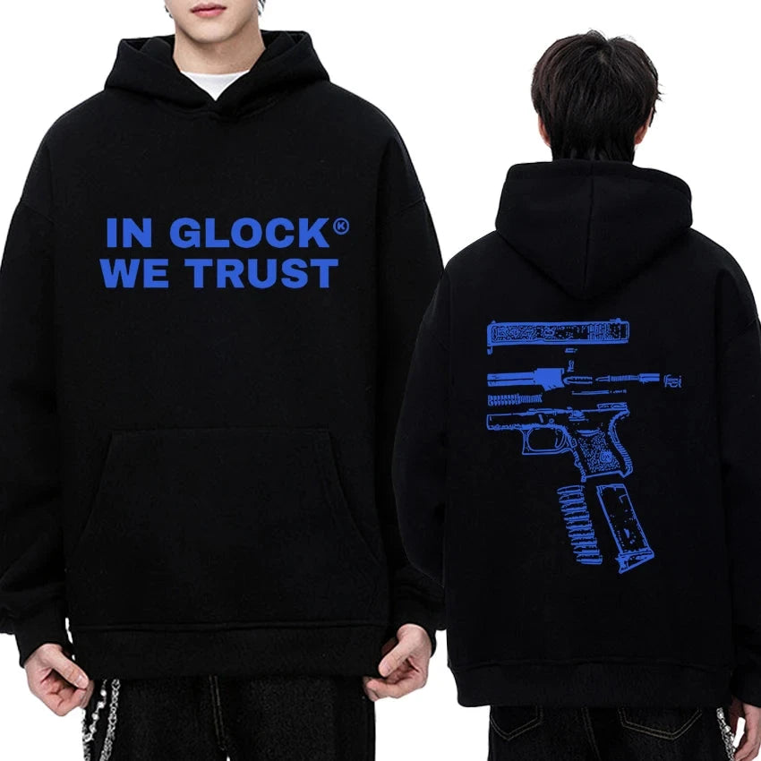 IN GLOCK WE TRUST Letter Double Sided Printed Hoodie Men Women Punk Style Vintage streetwear Unisex Fleece Long sleeve pullovers exovai.com