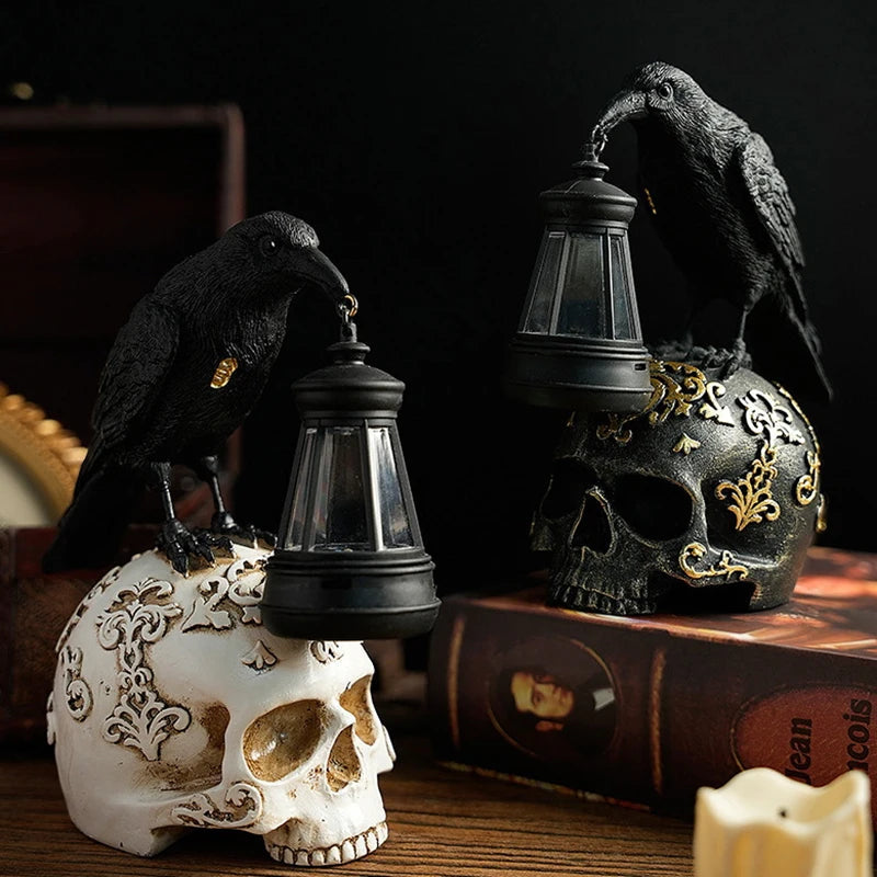 Halloween Crow Skull Night Light Table Lamp Halloween Decorative Skull Lamp Gothic Decorative Night Light Resin Craftsmanship exovai.com