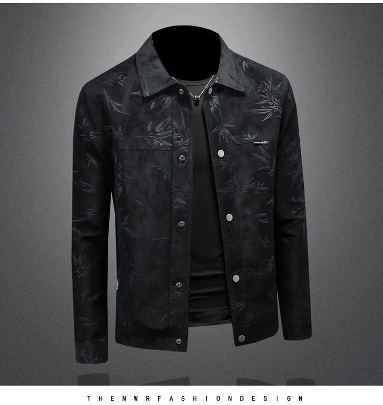 Luxury Flocking Bomber Jacket Mens 2025 Autumn Business Vintage Casual Slim Jacket Lapel Single Breasted Jacquard Coats Jacket exovai.com