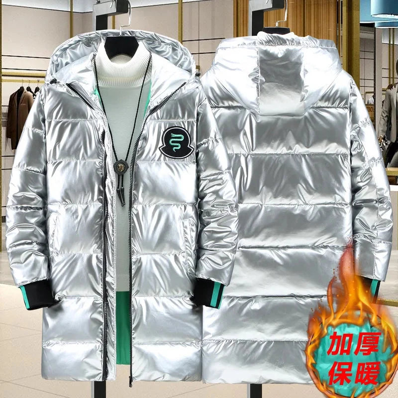 Winter 2024 Warm Light Long Parkas Waterproof Jacket Men Large Size Thicken Smooth Shiny Hooded Cotton-padded Coats Men exovai.com