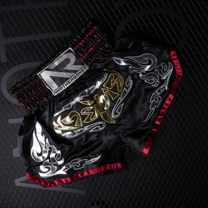 Muay Thai Pants Embroidery Boxing Shorts Women Men Satin Fight Kickboxing Training Trunks Kids Boy Girl Martial Arts MMA Clothes exovai.com