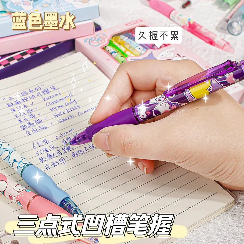 6pcs Kawaii Children Gel Pen Hello Kitty Cartoon Kuromi ST Erasable Black 0.5mm Press The Ballpoint Pen Learning Stationery Gift exovai.com