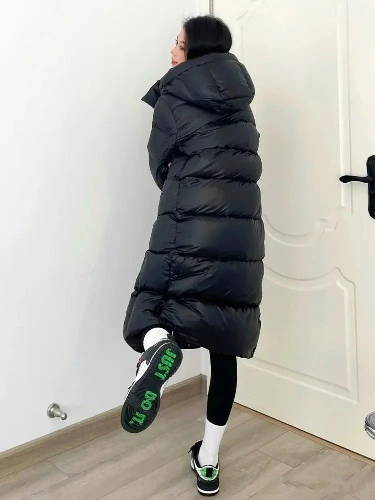 Winter Women Loose Cotton Padded Jacket Korean Ladies Long Over The Knee Puffer Coat Female Hooded Black Warm Cotton Padded exovai.com