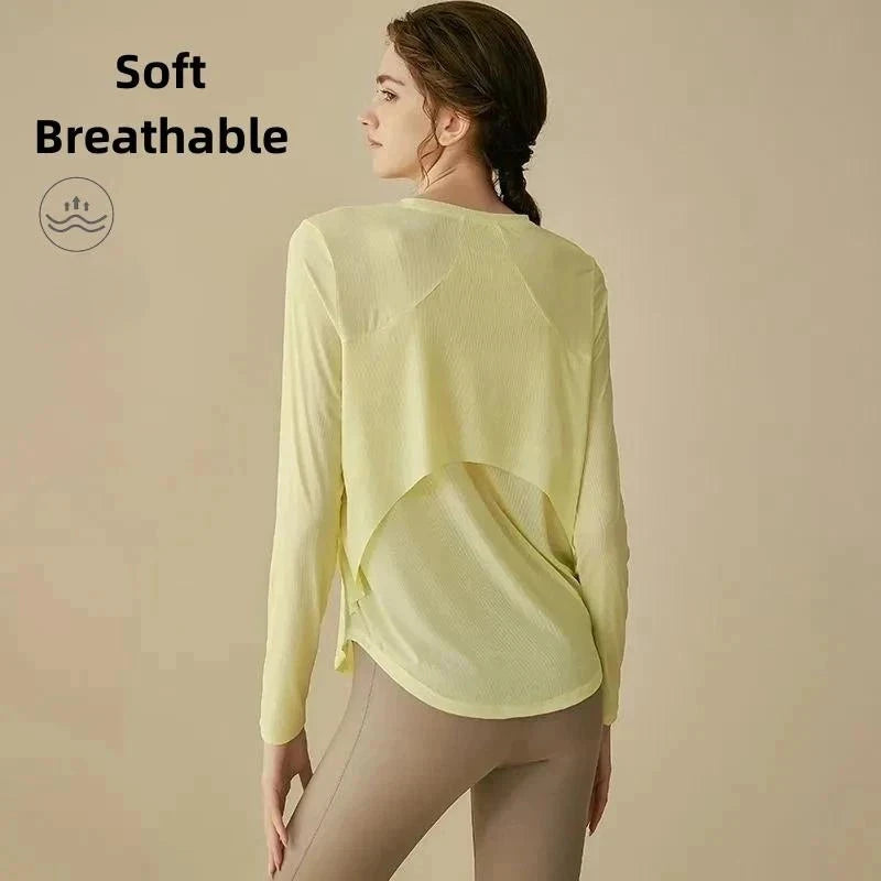 gym Sports Top T-shirt Women Yoga Clothing Running Loose Slim Quick Dry Training Long Sleeve Thin Blouse Fitness Tops Autumn Gym exovai.com