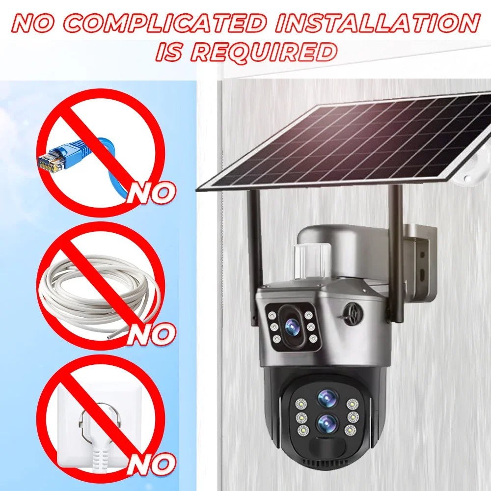 10X Optical Zoom 4G SIM Solar Camera 6K 12MP Three Lens WiFi Outdoor Surveillance Camera PIR Auto Tracking Solar Security CCTV exovai.com