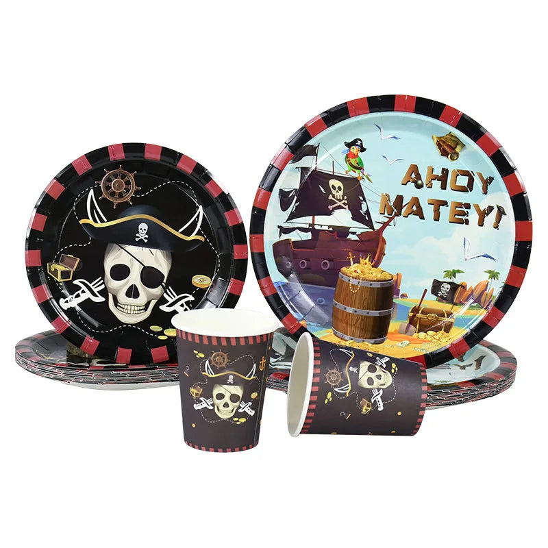 Pirate Theme Party Disposable Tableware Paper Plates Cups Napkins Kids Boy Birthday Party Decorations Halloween Supplies exovai.com