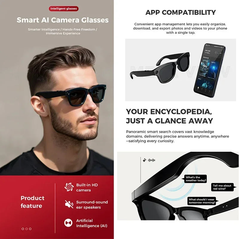 New Smart Glasses AI Voice Assistant Earphones Video/Audio Recording Translation Bluetooth Call Fashion Glasses For Women Men exovai.com
