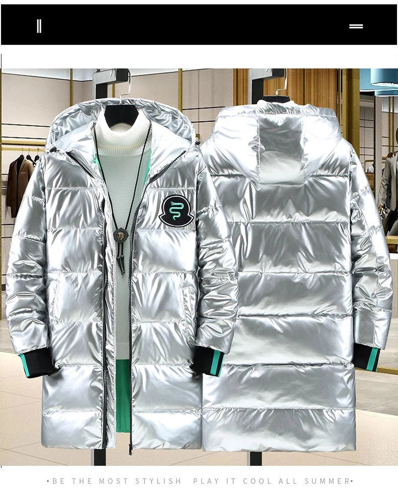 Winter 2024 Warm Light Long Parkas Waterproof Jacket Men Large Size Thicken Smooth Shiny Hooded Cotton-padded Coats Men exovai.com