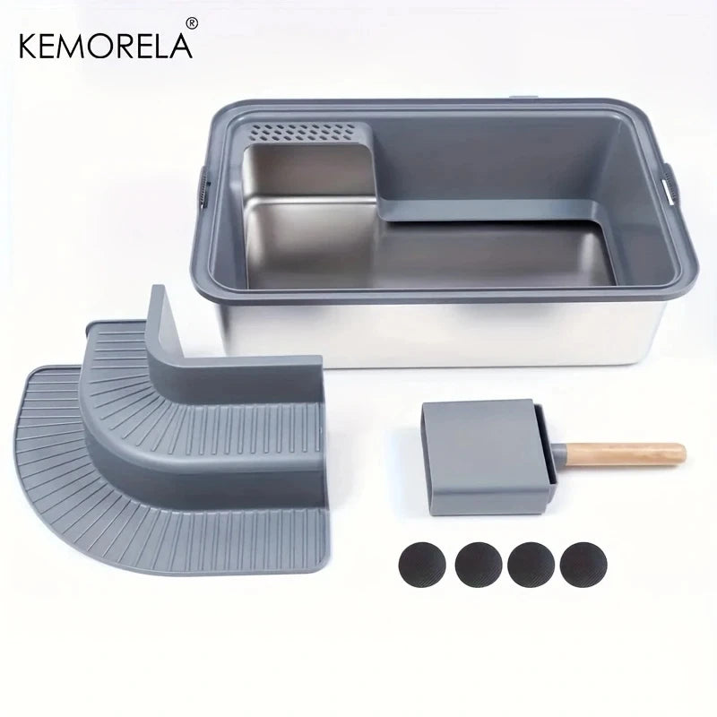 Extra Large 20L Stainless Steel Cat Litter Box With Stair Foot Pad Splash-Proof Easy To Clean Odorless Toilet Cat Litter Box exovai.com
