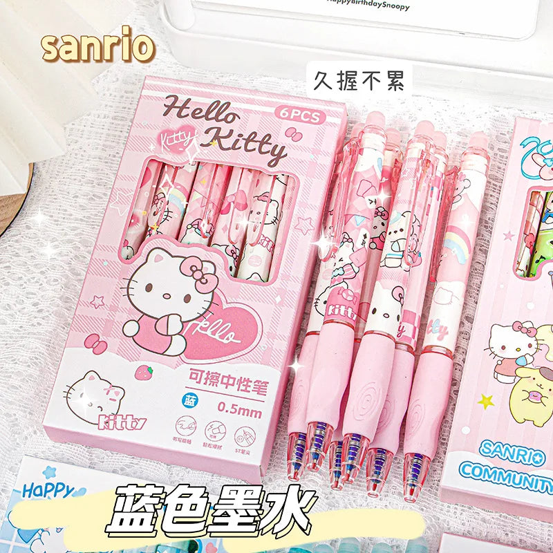 6pcs Kawaii Children Gel Pen Hello Kitty Cartoon Kuromi ST Erasable Black 0.5mm Press The Ballpoint Pen Learning Stationery Gift exovai.com