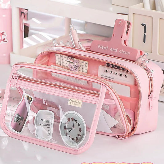 New Pencil Bag Kawaii Student Translucent Stationery Box DIY Large Capacity Stationery Storage Bag School Stationery Supplies exovai.com