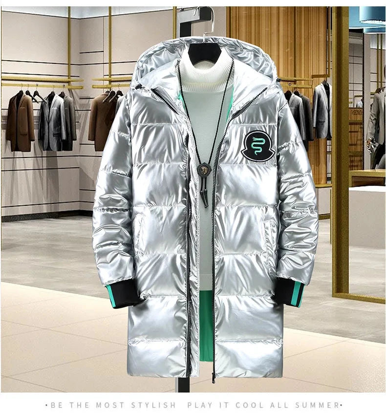 Winter 2024 Warm Light Long Parkas Waterproof Jacket Men Large Size Thicken Smooth Shiny Hooded Cotton-padded Coats Men exovai.com