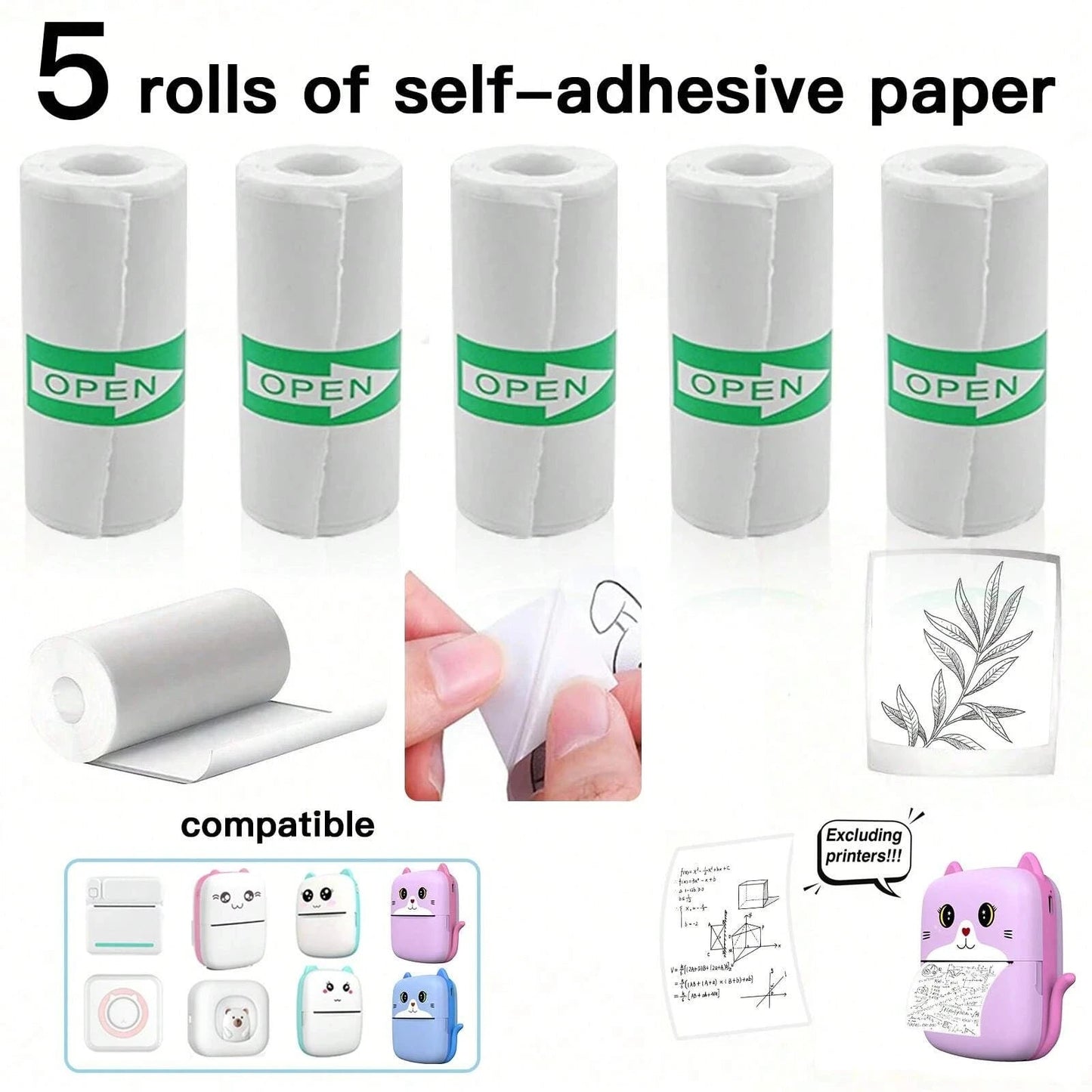 Mini Pocket Printer 5 Rolls Of Self-Adhesive Paper Portable Thermal Printer For Printer Suitable For Home Office Study And Work exovai.com
