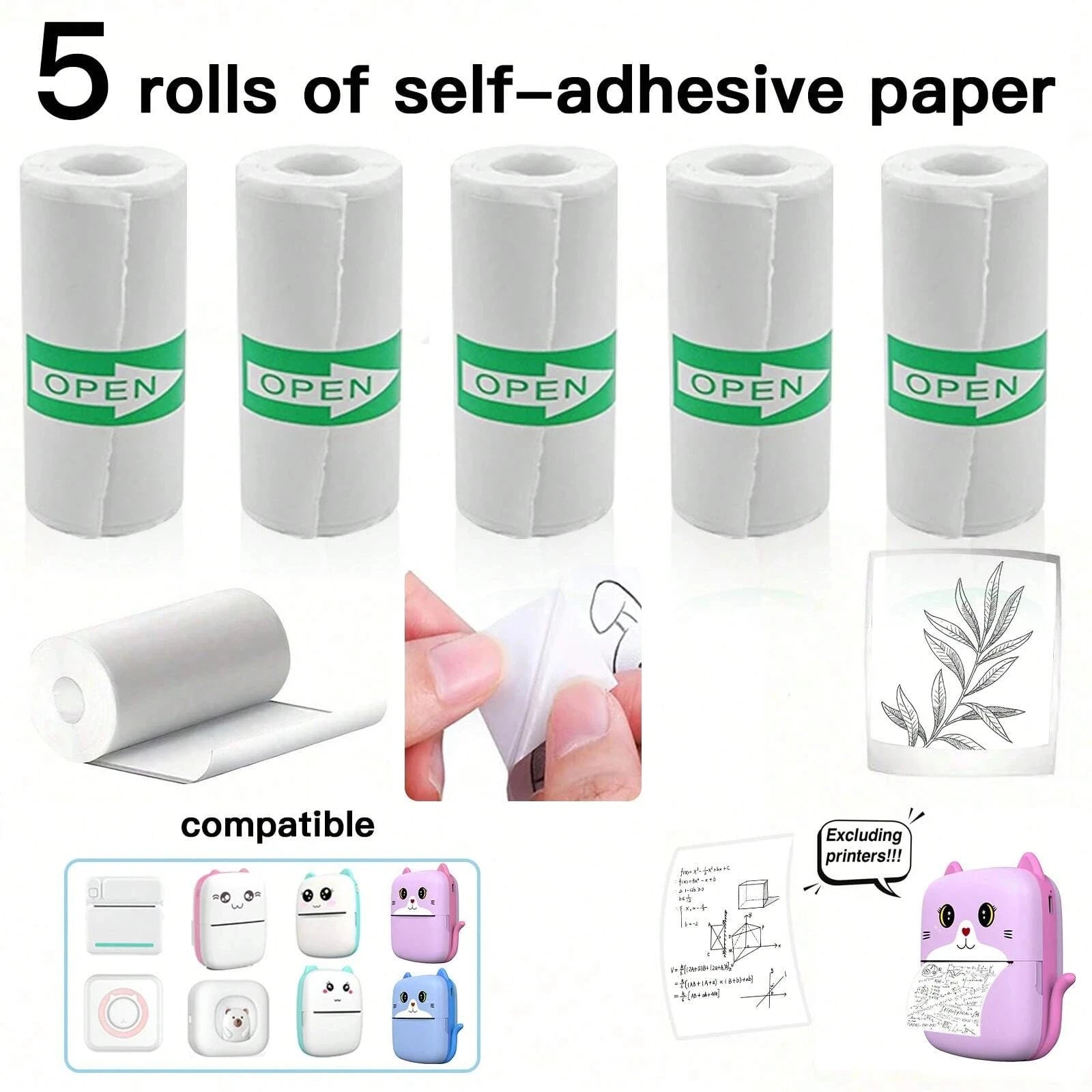 Mini Pocket Printer 5 Rolls Of Self-Adhesive Paper Portable Thermal Printer For Printer Suitable For Home Office Study And Work exovai.com