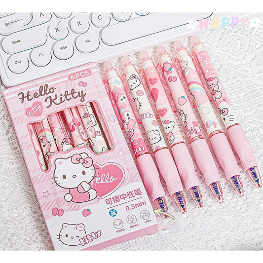 6pcs Kawaii Children Gel Pen Hello Kitty Cartoon Kuromi ST Erasable Black 0.5mm Press The Ballpoint Pen Learning Stationery Gift exovai.com