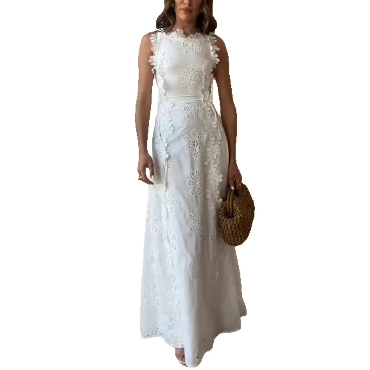 2025 Summer New Fashion Lace Embroidery Women Strap Resort Slimming Long Dress Simple Solid Color Female Banquet Dresses exovai.com