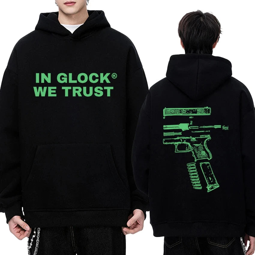 IN GLOCK WE TRUST Letter Double Sided Printed Hoodie Men Women Punk Style Vintage streetwear Unisex Fleece Long sleeve pullovers exovai.com