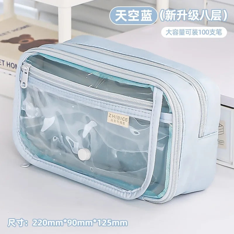 New Pencil Bag Kawaii Student Translucent Stationery Box DIY Large Capacity Stationery Storage Bag School Stationery Supplies exovai.com