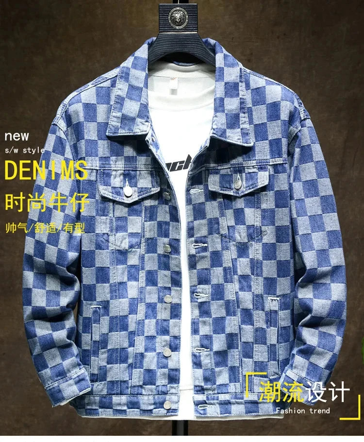 Men's Denim Jacket Blue Button Plaid Male Jean Coats Cheap Price Stylish One Piece Vintage Trendy Casual Original Korea Lxury exovai.com
