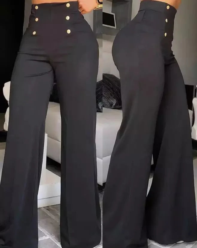 Elegant Casual  High Waist Wide Leg Pants Fashion Loose Button Long Pant Office Solid Spring Autumn Womens Clothing New Pant exovai.com