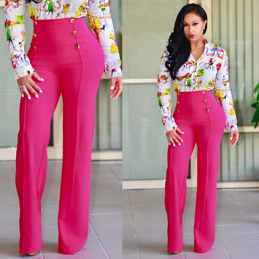 Elegant Casual  High Waist Wide Leg Pants Fashion Loose Button Long Pant Office Solid Spring Autumn Womens Clothing New Pant exovai.com