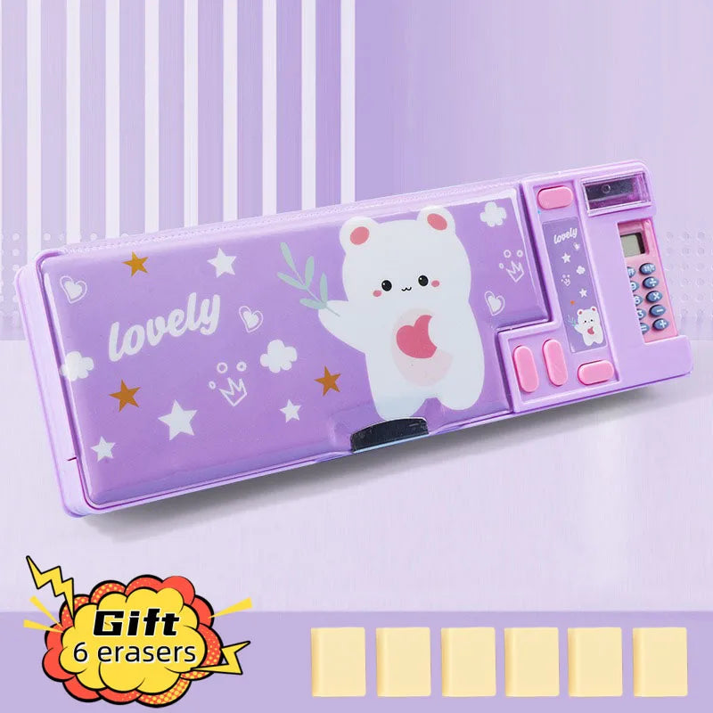 Cartoon Calculator Multifunctional Pencil Case Elementary Students Large Capacity Stationery Box Double-layer Double Opening exovai.com