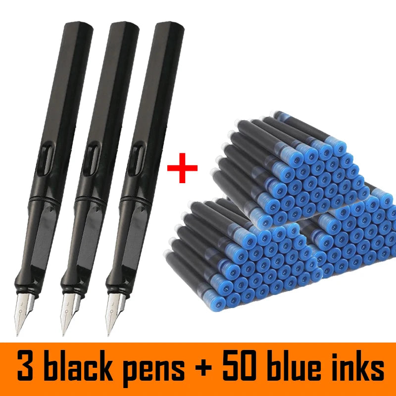 53Pcs Fountain Pen Set School Student Pens Replacable Ink Set Black/Blue/Red ink 0.38 mm Office Writing Supplies Stationery exovai.com