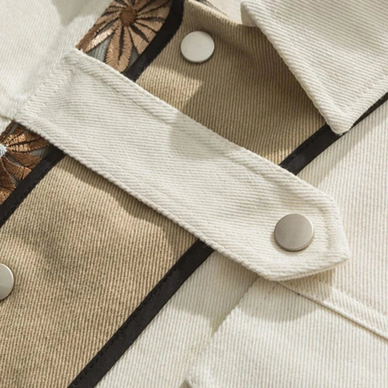 Vintage Floral Embroidery Patchwork Men Apricot Jacket Casual Turn Down Collar 2025 Spring Hip Hop Mens Loose Coat exovai.com
