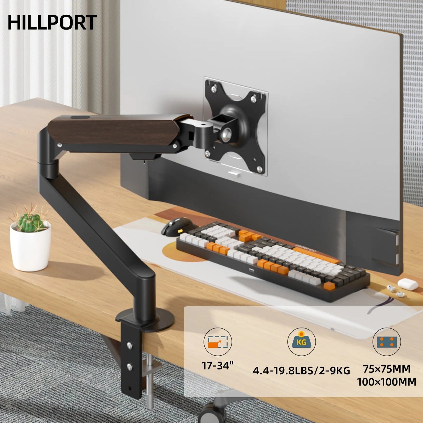 HILLPORT 17-34" Desktop Monitor Arm Holder Gas Spring Full Motion Mount Strut LCD LED TV Bracket Stand PC Soport Support M5 exovai.com