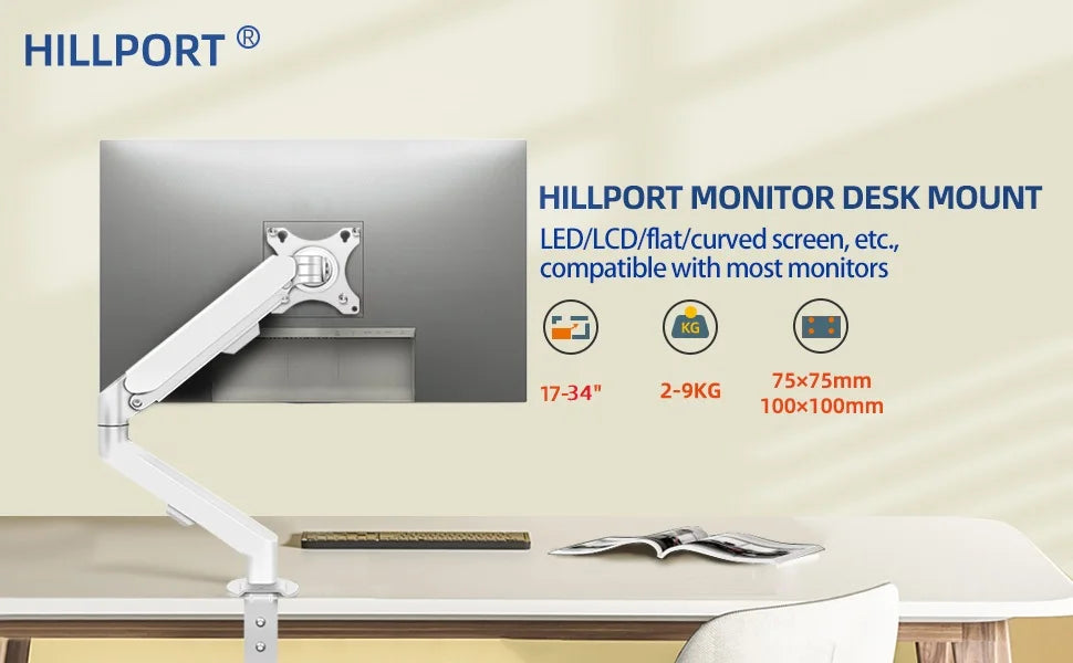 HILLPORT 17-34" Desktop Monitor Arm Holder Gas Spring Full Motion Mount Strut LCD LED TV Bracket Stand PC Soport Support M5 exovai.com