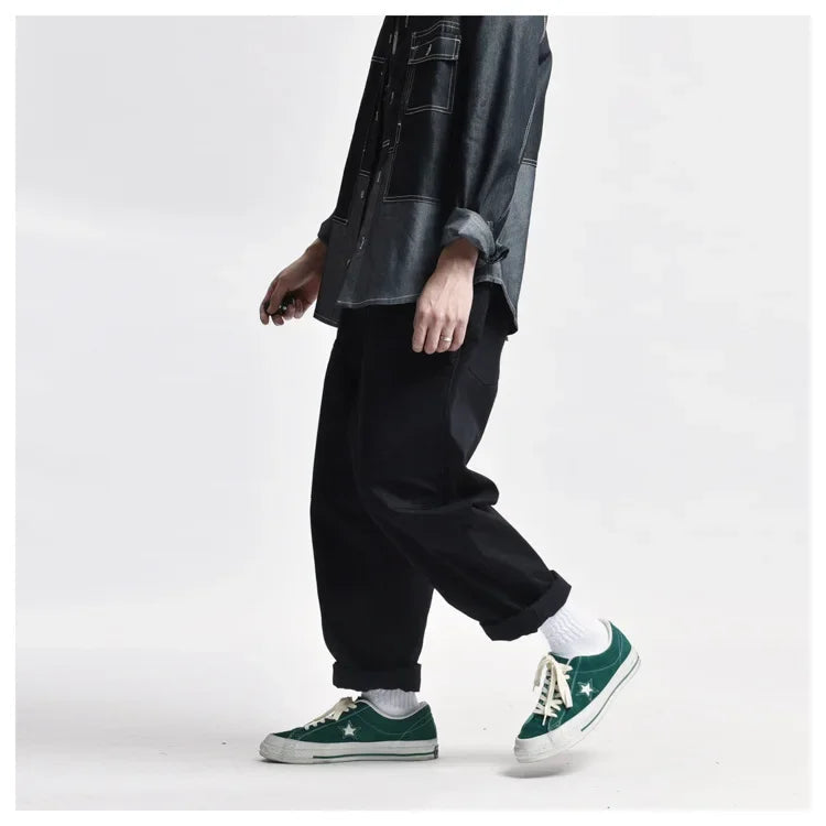 Japanese Style Loose Fit Jumpsuit Cargo Pants Bell Bottoms Dad Pants Ins Popular Same Style Tank For Men Women exovai.com