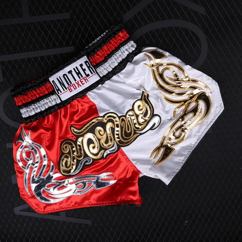 Muay Thai Pants Embroidery Boxing Shorts Women Men Satin Fight Kickboxing Training Trunks Kids Boy Girl Martial Arts MMA Clothes exovai.com