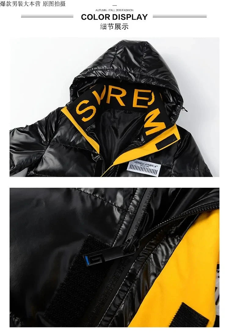 New Bright Leather Men Thicken Warm Winter Jacket Casual Parka Outwear Autumn Waterproof Stand Collar Hooded Coat Clothing exovai.com