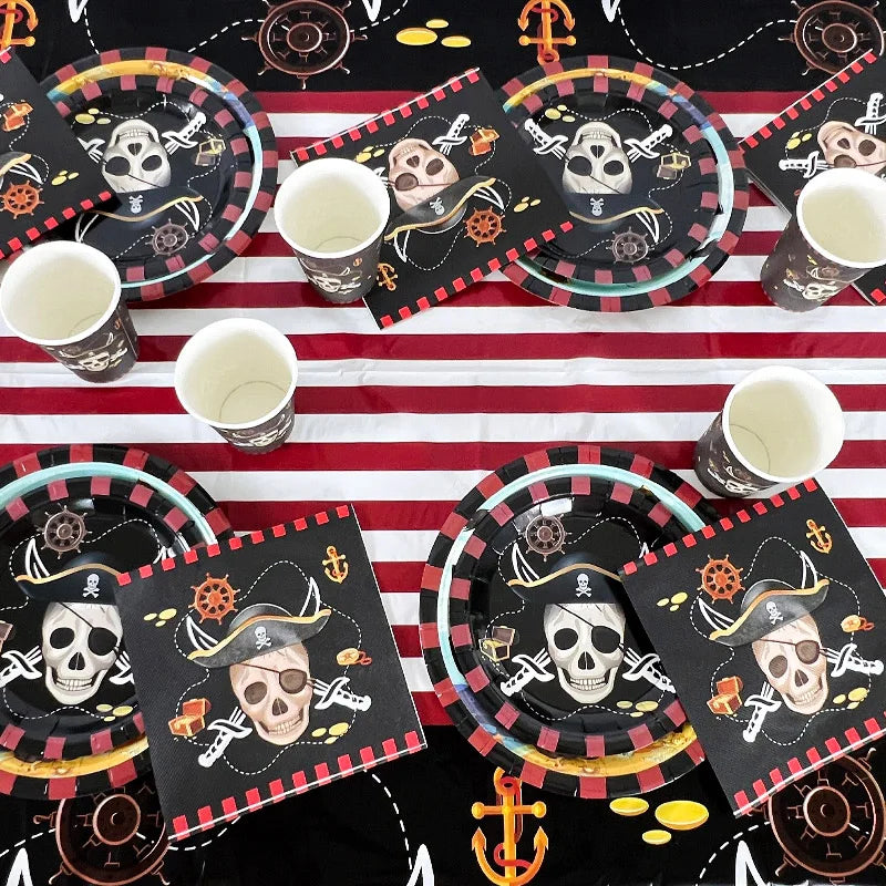Pirate Theme Party Disposable Tableware Paper Plates Cups Napkins Kids Boy Birthday Party Decorations Halloween Supplies exovai.com