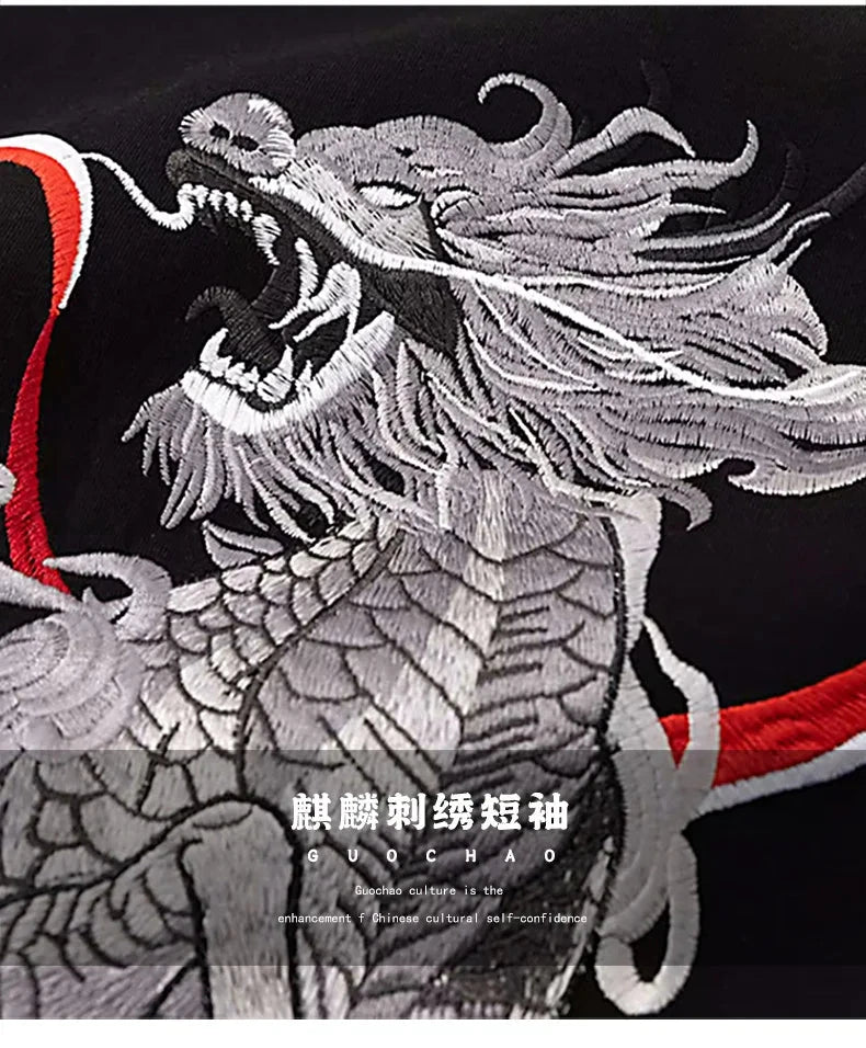 Summer Men T Shirt Harajuku Dragon Embroidery T Shirt Chinese Vintage Tees Tops Cotton Short Sleeve Casual Streetwear 09s Youth exovai.com