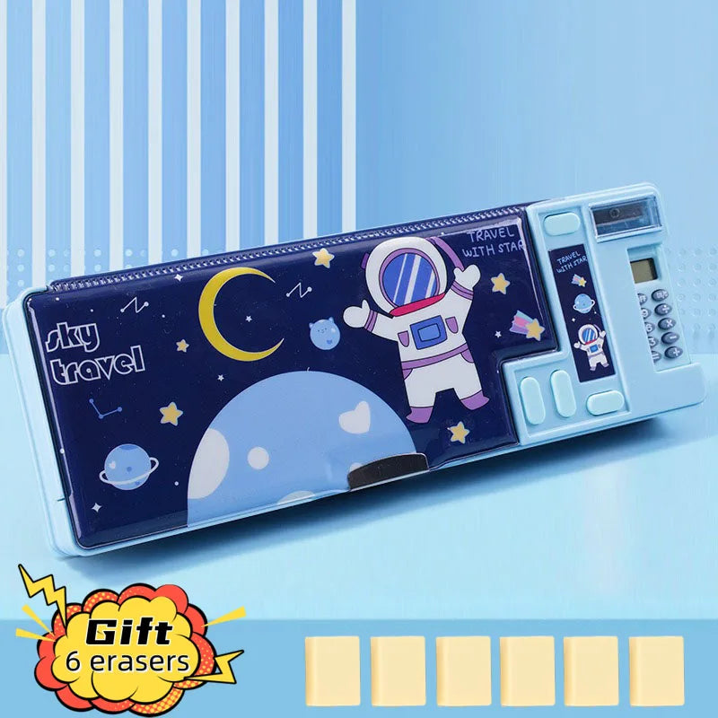Cartoon Calculator Multifunctional Pencil Case Elementary Students Large Capacity Stationery Box Double-layer Double Opening exovai.com