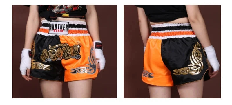Muay Thai Pants Embroidery Boxing Shorts Women Men Satin Fight Kickboxing Training Trunks Kids Boy Girl Martial Arts MMA Clothes exovai.com