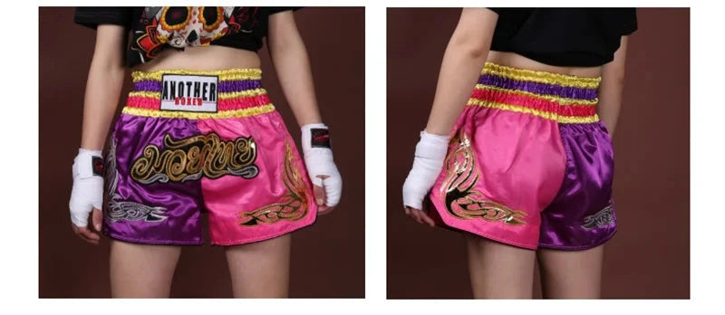 Muay Thai Pants Embroidery Boxing Shorts Women Men Satin Fight Kickboxing Training Trunks Kids Boy Girl Martial Arts MMA Clothes exovai.com