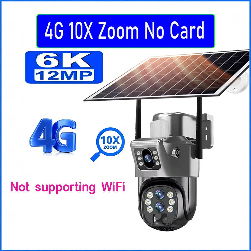 10X Optical Zoom 4G SIM Solar Camera 6K 12MP Three Lens WiFi Outdoor Surveillance Camera PIR Auto Tracking Solar Security CCTV exovai.com