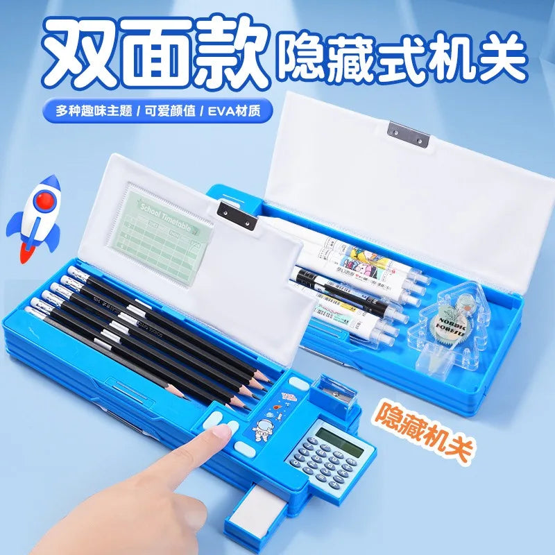 Cartoon Calculator Multifunctional Pencil Case Elementary Students Large Capacity Stationery Box Double-layer Double Opening exovai.com