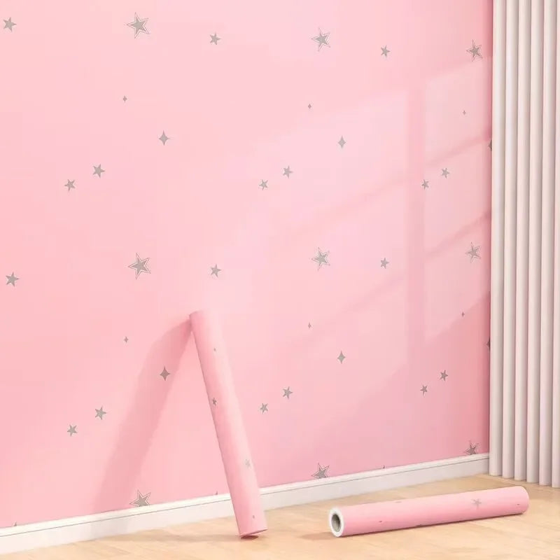 1 PCS Pink Girl's Room Self-adhesive Wallpaper Princess Room Bedroom Star Pattern Background Wall PVC Sticker Wallpaper exovai.com