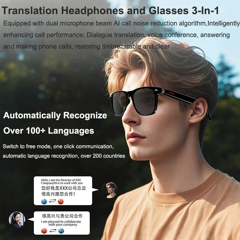 Smart AI Translation Glasses 100+ Languages Real-time Translation Bluetooth Sunglasses Earphones Voice Assistant Call Music exovai.com