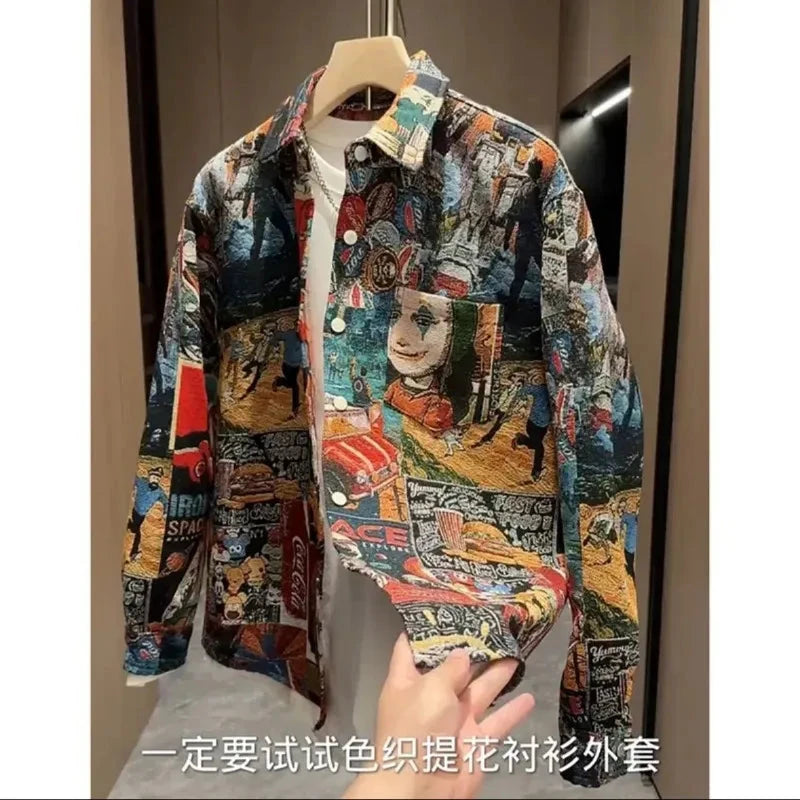 Men's Spring Autumn Fashion Casual Shirt New Style Painted Halo Ethnic Print High-end Loose Versatile Casual Jacket exovai.com