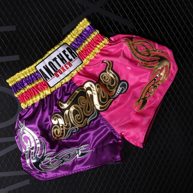Muay Thai Pants Embroidery Boxing Shorts Women Men Satin Fight Kickboxing Training Trunks Kids Boy Girl Martial Arts MMA Clothes exovai.com
